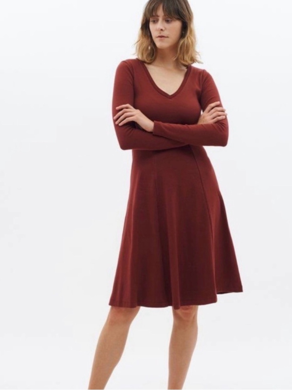 KOTN Deep V-Neck Ribbed Cotton Long Sleeve Fit and Flare Dress Maroon
